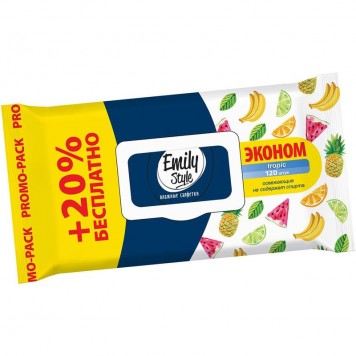 Салфетки влажные EMILY STYLE 100+20шт Tropic эконом, с крышкой*14