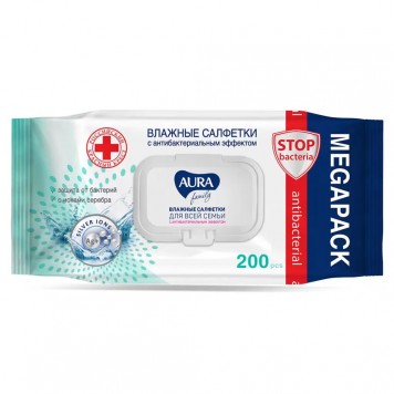 Влажные салфетки Аура 200шт. Для Всей Семьи Антибактериальные