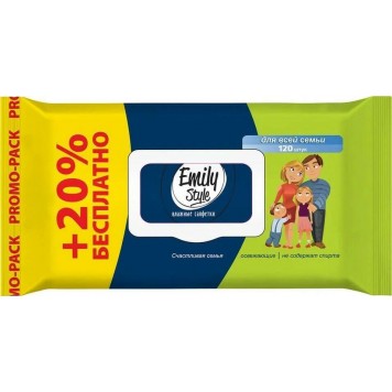 Влажные салфетки EMILY STYLE 100+20шт Для всей семьи, с крышкой*14